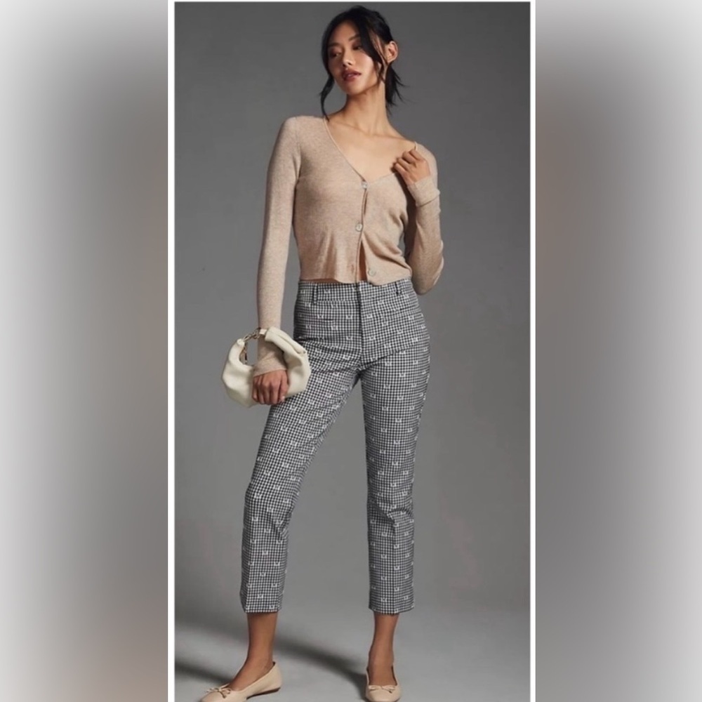 Anthropologie Maeve Essential Slim Flared Pants Black and White Gingham Crop - 6